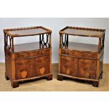 A pair of reproduction yew wood Regency style bedside tables, with drawer and two cupboard doors,