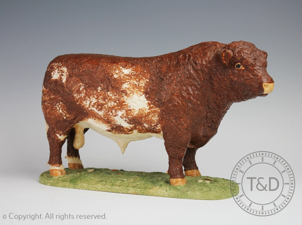 A Shebeg Shorthorn bull, modelled on a grassy verge plinth base,