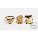 A 9ct yellow gold signet ring, of shield form (at fault) along with two single 9ct gold cufflinks,