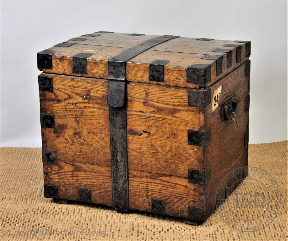 A Victorian golden oak and iron bound silver chest enclosing an assorted silver plated contents - Image 2 of 8