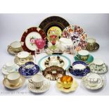 An assortment of 19th century and later decorative porcelain to include a Coalport blue Batwing