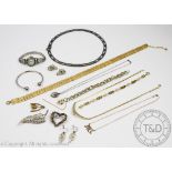 A collection of jewellery, to include; a 9ct gold necklace 'JILL', a paste set feather brooch,