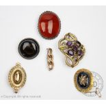 Six assorted brooches, to include; a Victorian agate and untested pearl set brooch,