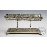 An Indian silver presentation scroll case and stand,