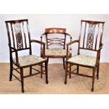 A pair of Edwardian inlaid mahogany salon chairs, on tapered legs, 101cm H,
