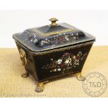 A Regency style toleware coal bin and cover, on paw feet,