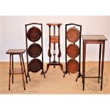Two Edwardian mahogany folding cake stands, with a mahogany square top occasional table,