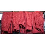 Three pairs of 16th century style damask lined curtains, gathered tops,
