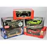 Four Burago 1:18 scale Sport car models comprising; Aston Marton V12 Vanquish, Ferrari 360 Modena,