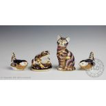 A Royal Crown Derby cat paper weight, 13cm, another of a frog, both seconds,