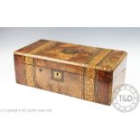 A late 19th century burr walnut writing slope, inlaid with a geometric motifs,