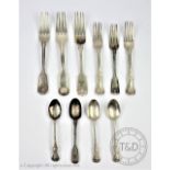 A selection of George III and later silver flatware to include three Kings pattern teaspoons,