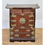 A modern Chinese burr wood low cabinet, with four drawers and two cupboard doors,