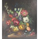 Dutch School, 19th century, oil on canvas, still life of flowers upon a ledge, 56cm x 50cm,