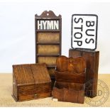 A vintage pine hymn board, with six sections, 74cm H, with an oak stationery box, a letter rack,