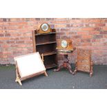 A 1930's oak open bookcase, 92cm H, a Victorian piano stool, a toilet mirror,