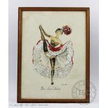 Janicotte (French 20th century), Three 1950's pencil and watercolour sketches, Cancan dancers,