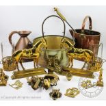 A selection of copper and brass wares, to include two brass door stops modelled as horses,