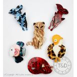 A collection of six brooches after Lea Stein, to include; two lady's, foxes,