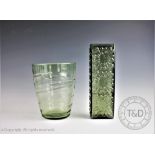 A Whitefriars ribbon trailed glass tumbler vase, in sea green, 21cm high,