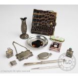 A selection of silver and objects of virtue to include; a silver mounted tortoiseshell pin dish,