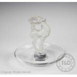 A French Lalique glass figural ring tray modelled as an opaque mountain goat, signed to underside,
