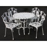 A modern white painted metal garden table and four chairs (5)