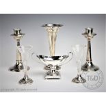 A selection of silver comprising, a pair of alter style candle sticks, Sydney & Co, Birmingham 1827,