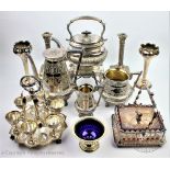 A selection of Victorian and later silver plated wares to include a six piece egg cruet, 23cm high,