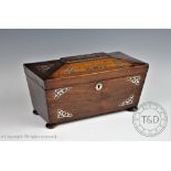 A Victorian rosewood and mother of pearl inlaid tea caddy,