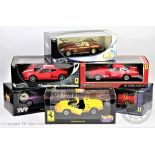 Five Hotwheels 1:18 scale Ferrari models comprising; F430 Spider, 1970 Dino 246 GTS,