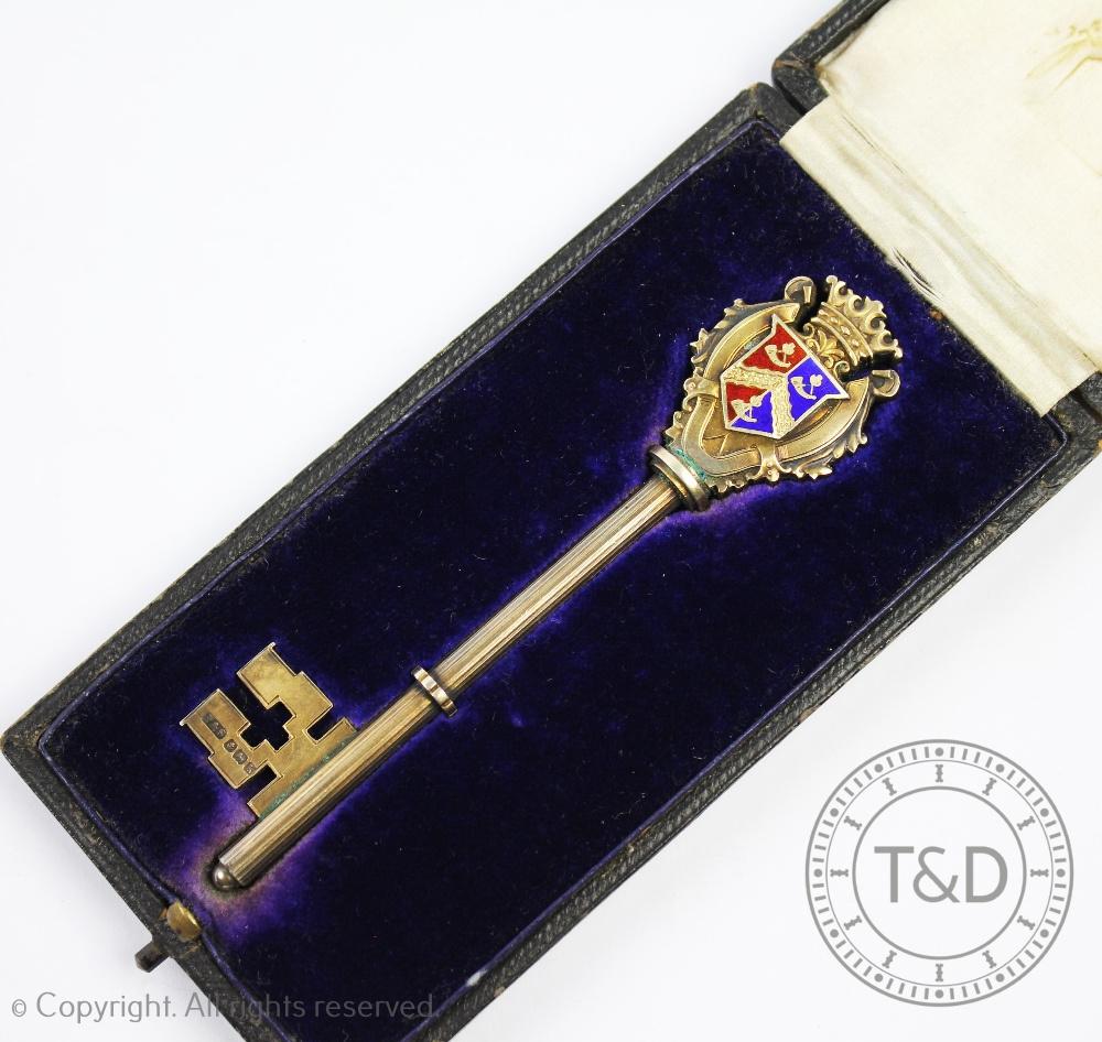 A silver gilt and enamel presentation key, Fattorini & Sons, Birmingham 1909, - Image 2 of 3