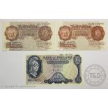 Bank of England 10 shilling notes: Peppiatt and Beale and a Bank of England £5 note O'Brien and Two