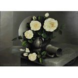 George Reekie (1911-1969), Oil on canvas, Still life of white roses and pewter on a shelf,