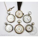 A group of five silver cased fob watches, four with Roman numeral dial and one with Arabic numerals,