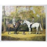 Joan Marshall, Oil on canvas, Husband and wife upon their hunters - with dog beside,