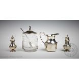 A selection of silver to include a pair of Edwardian silver pepperettes, William Aitken,