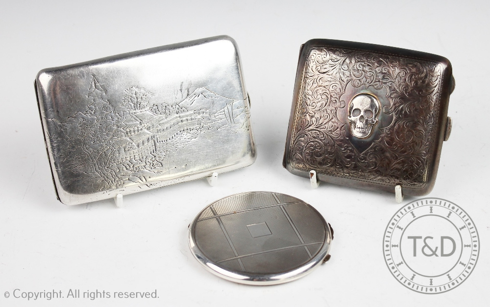 A George V silver memento mori cigarette case, William Hair Haseler, Birmingham 1920,