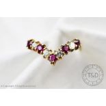 A ruby and diamond wishbone half eternity ring, designed as alternating rubies and diamonds,