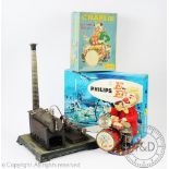 A GBN Bing Bavaria stationary steam engine, 41cm high boxed with a Cragstan drumming clown Charlie,