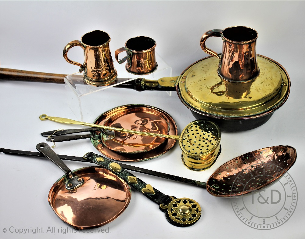 A selection of 19th century copper wares to include a set of three mugs, highest 13cm,