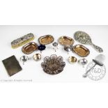 A selection of silver plated and white metal items to include; two filigree trays, 15.