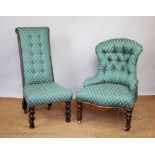 A Victorian walnut salon chair, with button back green upholstery, 84cm H,