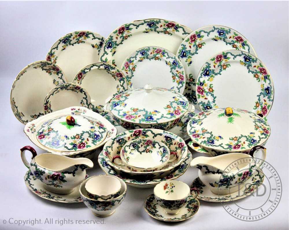 A Royal Cauldon Victoria pattern part dinner and tea service including;