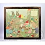 After Margaret Ross, Colour nursery print, Woodland animals around a table with a gnome,