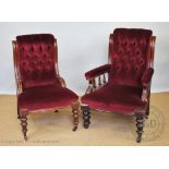 A pair of Victorian carved walnut salon chairs, with button back red upholstery, on turned legs,