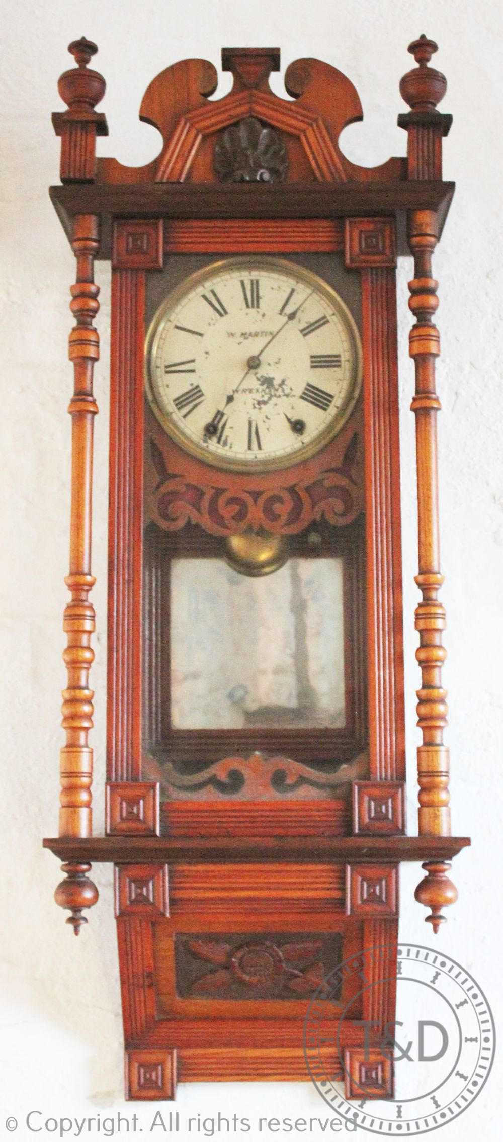 An Edwardian regulator type walnut wall clock, the painted dial signed 'W.