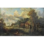 English School - 19th century, Oil on canvas, River landscape with figures and buildings,