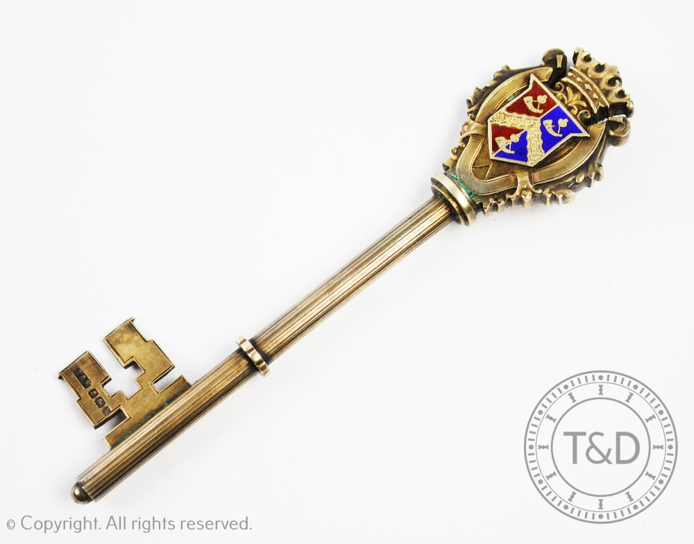 A silver gilt and enamel presentation key, Fattorini & Sons, Birmingham 1909, - Image 3 of 3