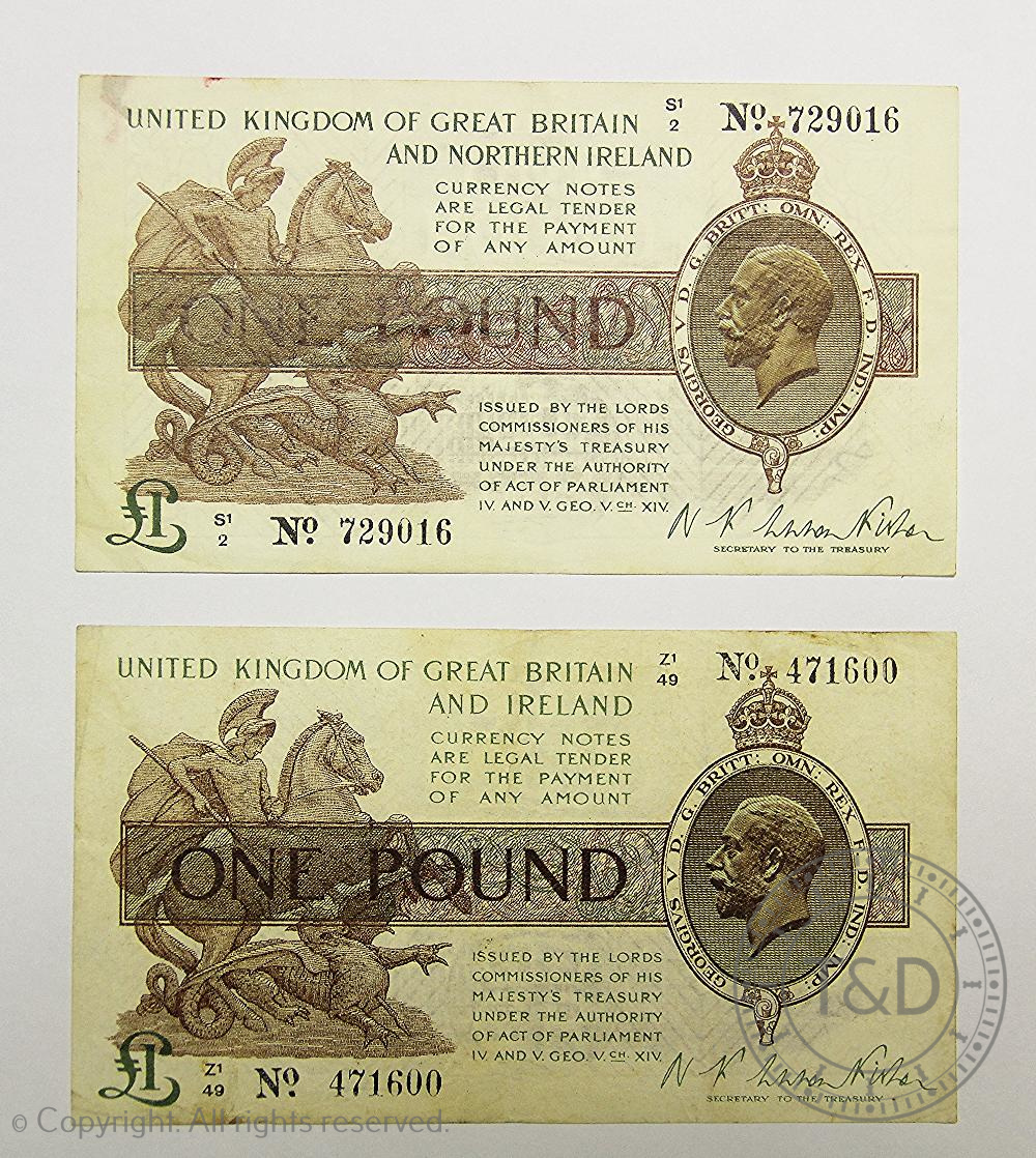 Treasury, Warren-Fisher, two £1 notes and a K.O.